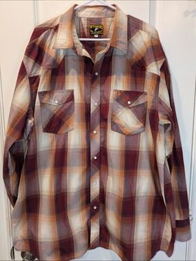 Wyoming Traders Pearl Snap Shirt XXL Brown Tan Plaid Western Cowboy Long Sleeve